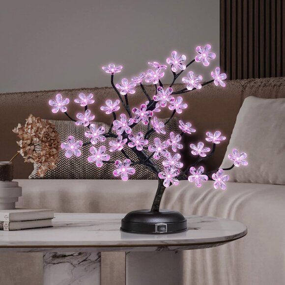 18-inch Pink Crystal Flower Tree LED Lights Cherry Blossom Battery Powered
